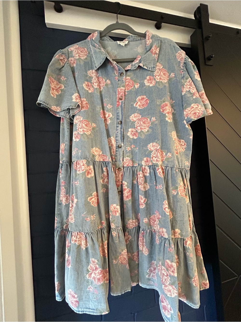 Light Denim Floral Tiered Button-Front Dress